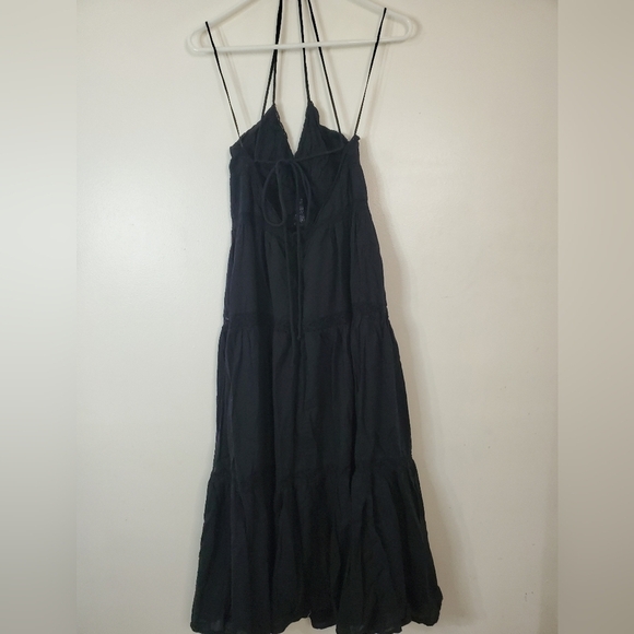 Zara Black Cotton Lace Tiered Midi Dress Size Large Cross Strap Open Back Vacay - Picture 9 of 15